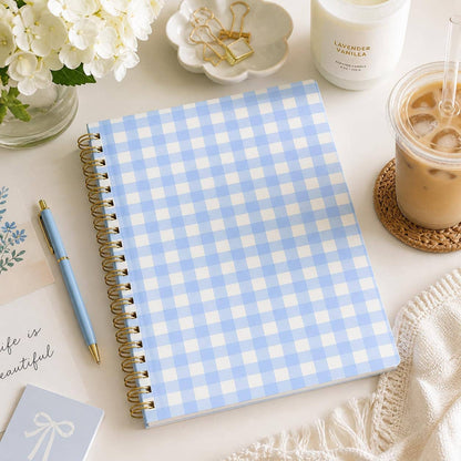 Blue Gingham Spiral Notebook, 8x10 Stationary Journal